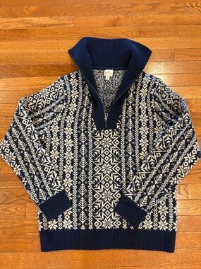 J. Crew Navy and Cream Fair Isle Quarter-Zip Sweater